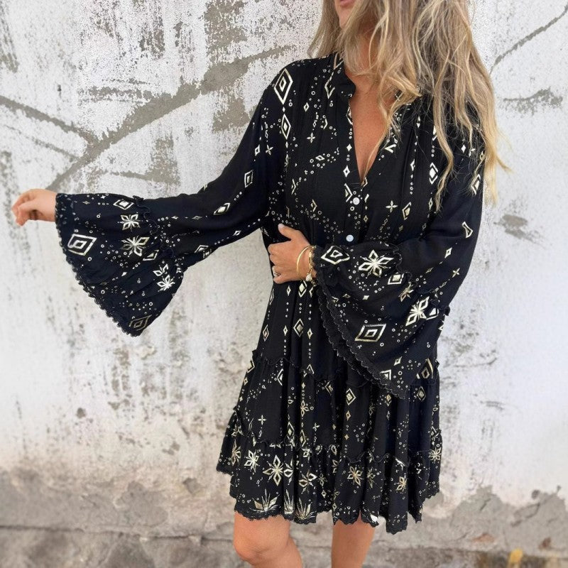 💖Big price reduction! 🔥💖Women's geometric pattern comfortable midi dress with V-neckline