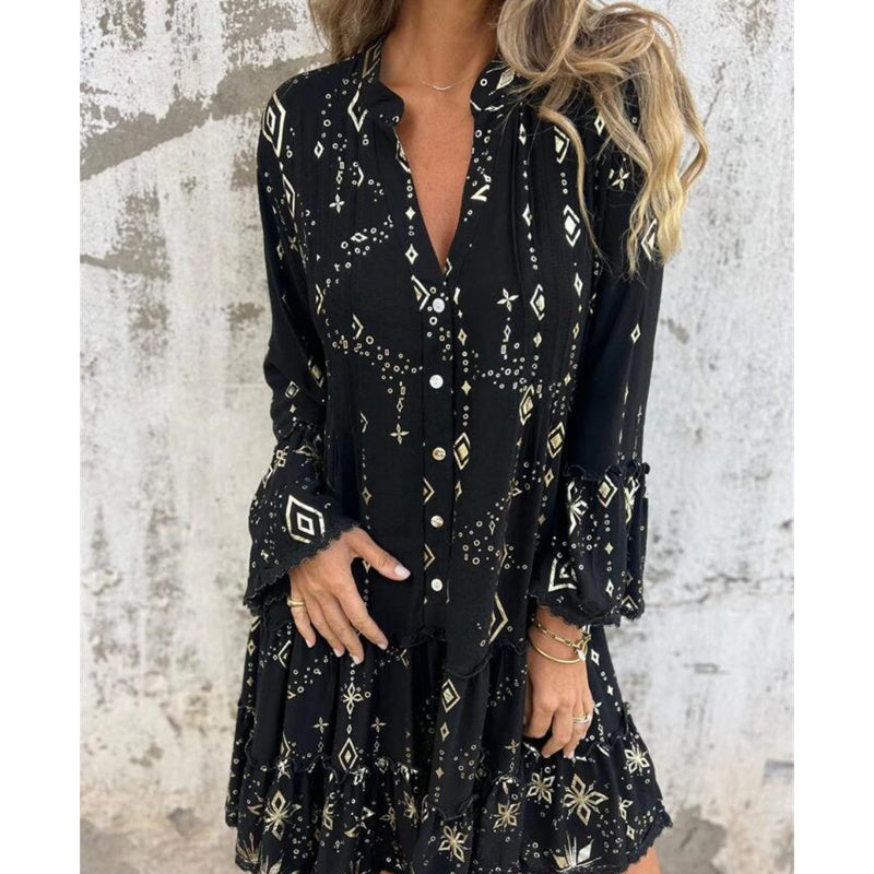 💖Big price reduction! 🔥💖Women's geometric pattern comfortable midi dress with V-neckline