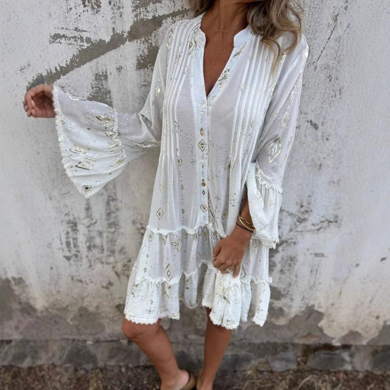 💖Big price reduction! 🔥💖Women's geometric pattern comfortable midi dress with V-neckline