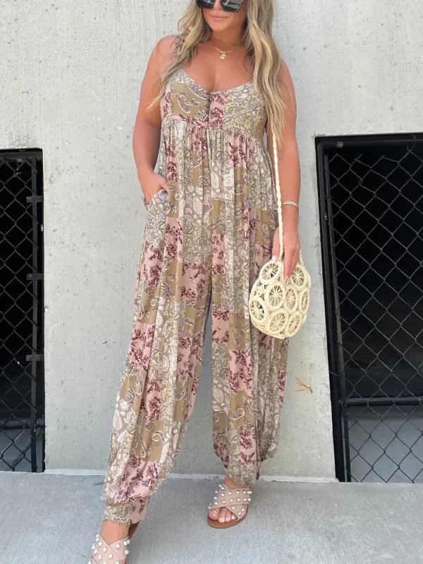 🔥Big price reduction💗Cooper Patchwork Print Loose Jumpsuit