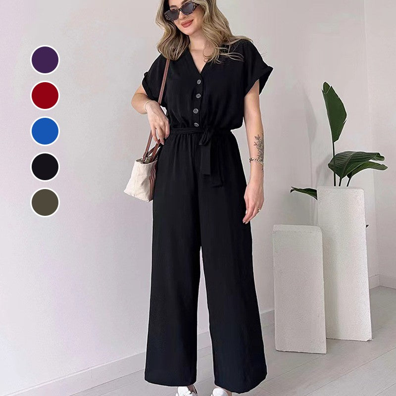 (50% OFF🔥) 💖Women's V-Neck Short-Sleeve Casual Jumpsuit