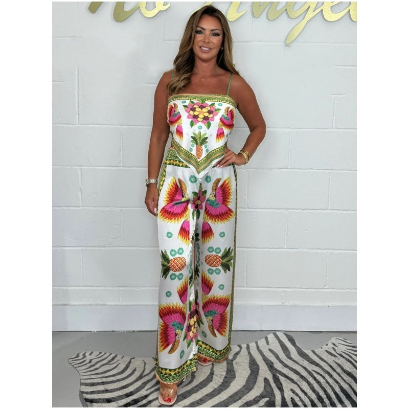✨Big price reduction✨Women's Spaghetti Strap Printed Top & Loose Pants 2-Piece Set