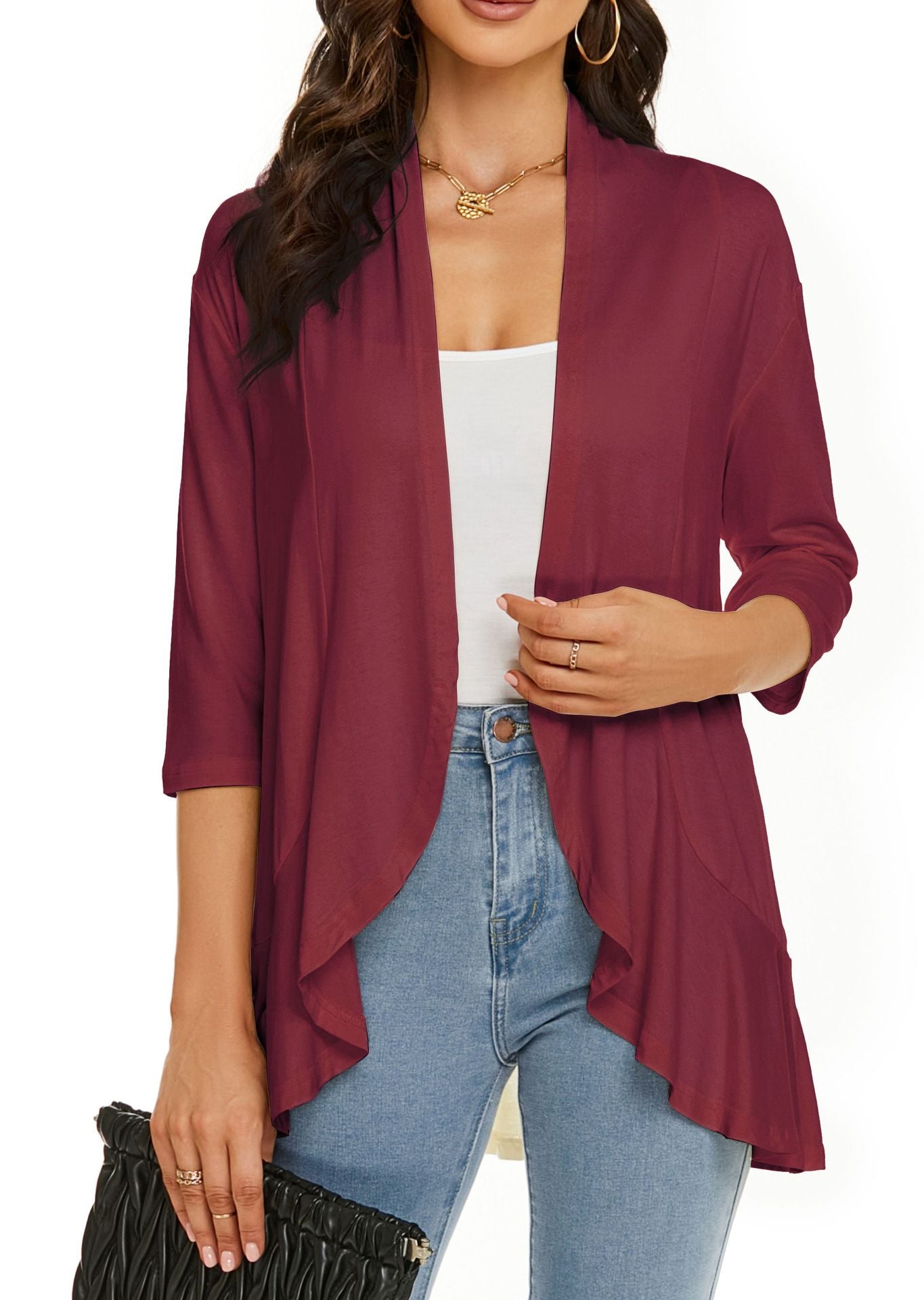 💥50% OFF💥Women Open Front 3/4 Sleeves Lightweight Draped Ruffles Cardigan