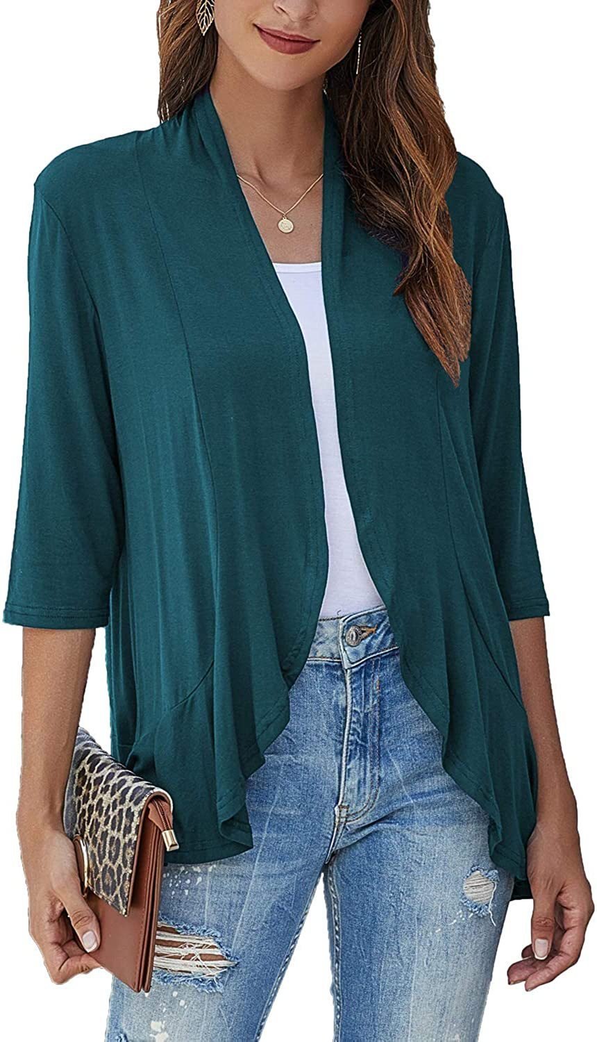💥50% OFF💥Women Open Front 3/4 Sleeves Lightweight Draped Ruffles Cardigan