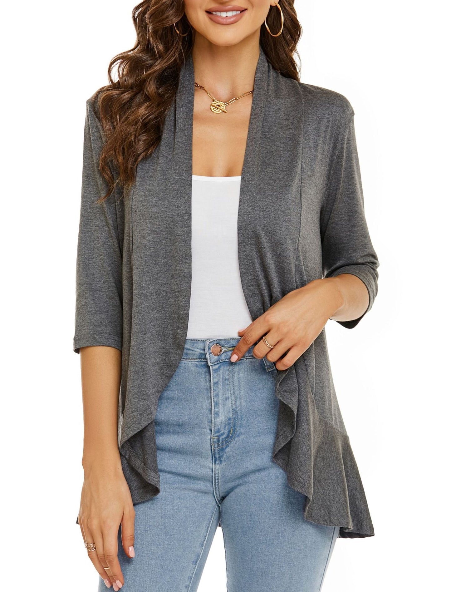 💥50% OFF💥Women Open Front 3/4 Sleeves Lightweight Draped Ruffles Cardigan