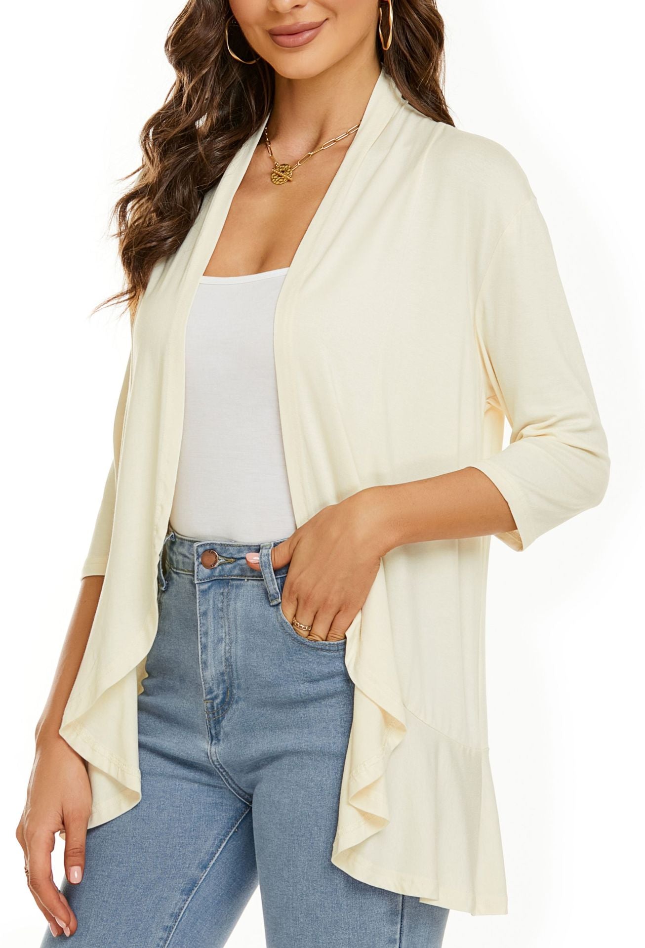 💥50% OFF💥Women Open Front 3/4 Sleeves Lightweight Draped Ruffles Cardigan