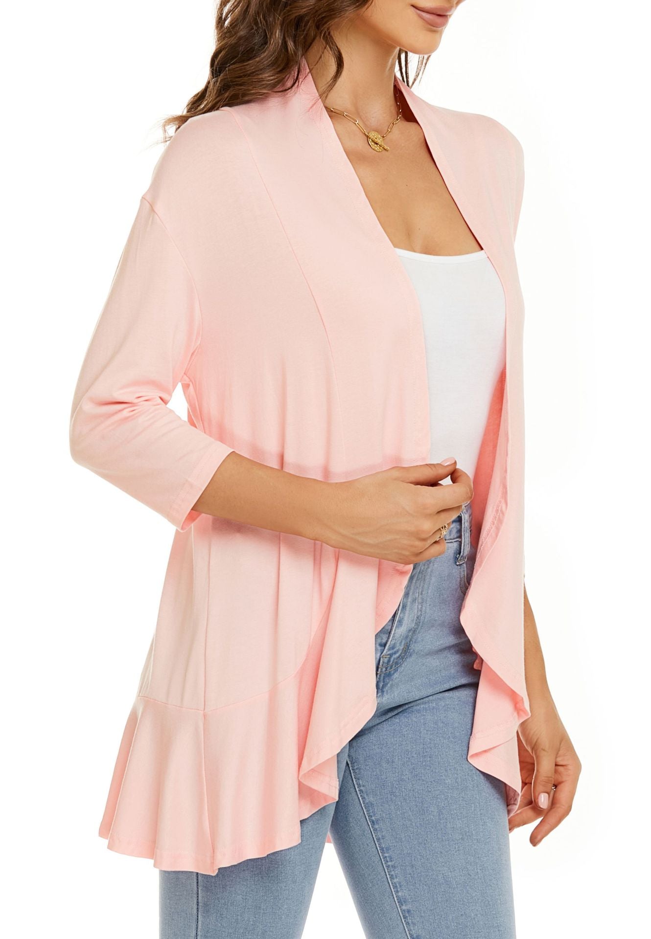💥50% OFF💥Women Open Front 3/4 Sleeves Lightweight Draped Ruffles Cardigan