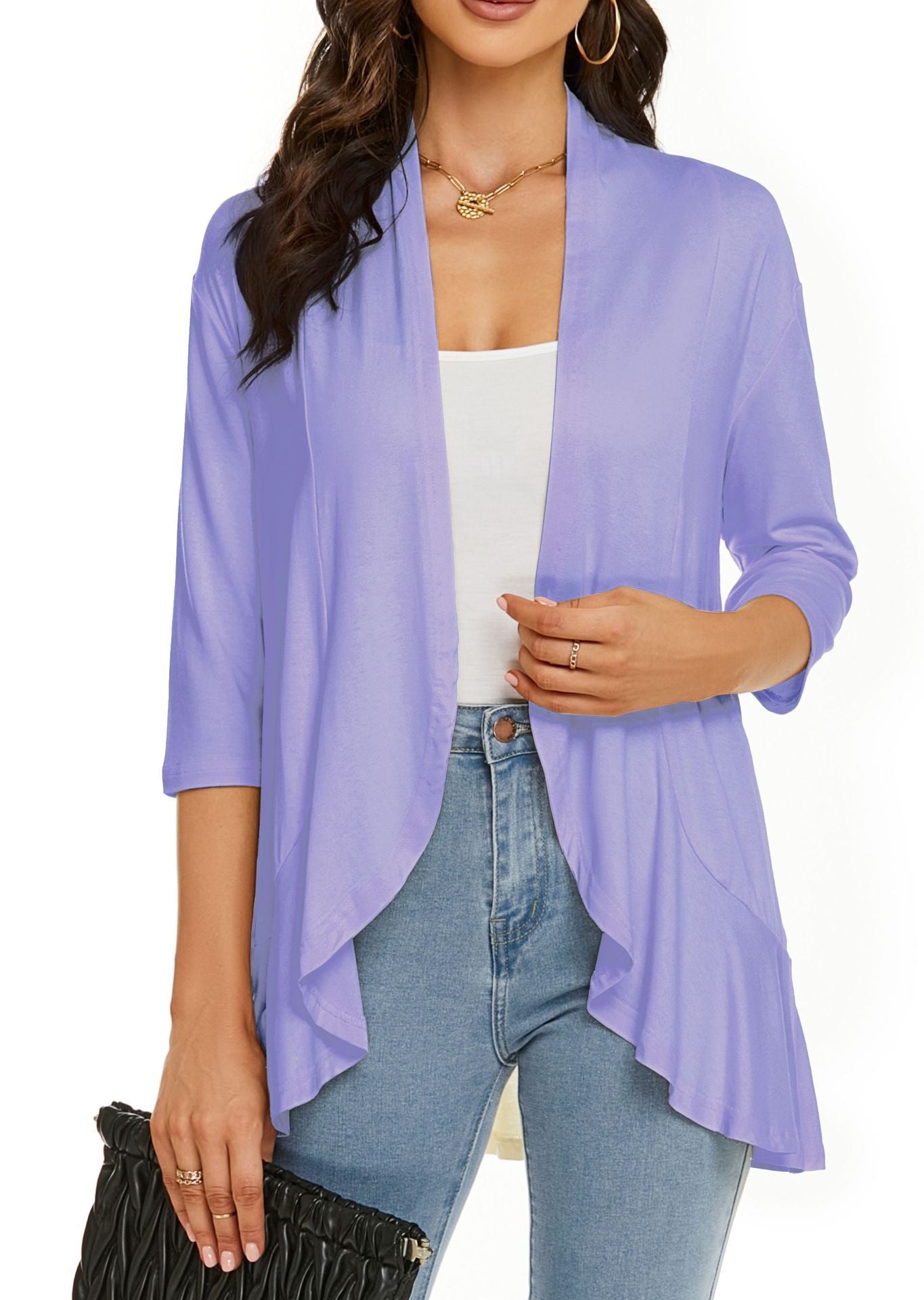 💥50% OFF💥Women Open Front 3/4 Sleeves Lightweight Draped Ruffles Cardigan