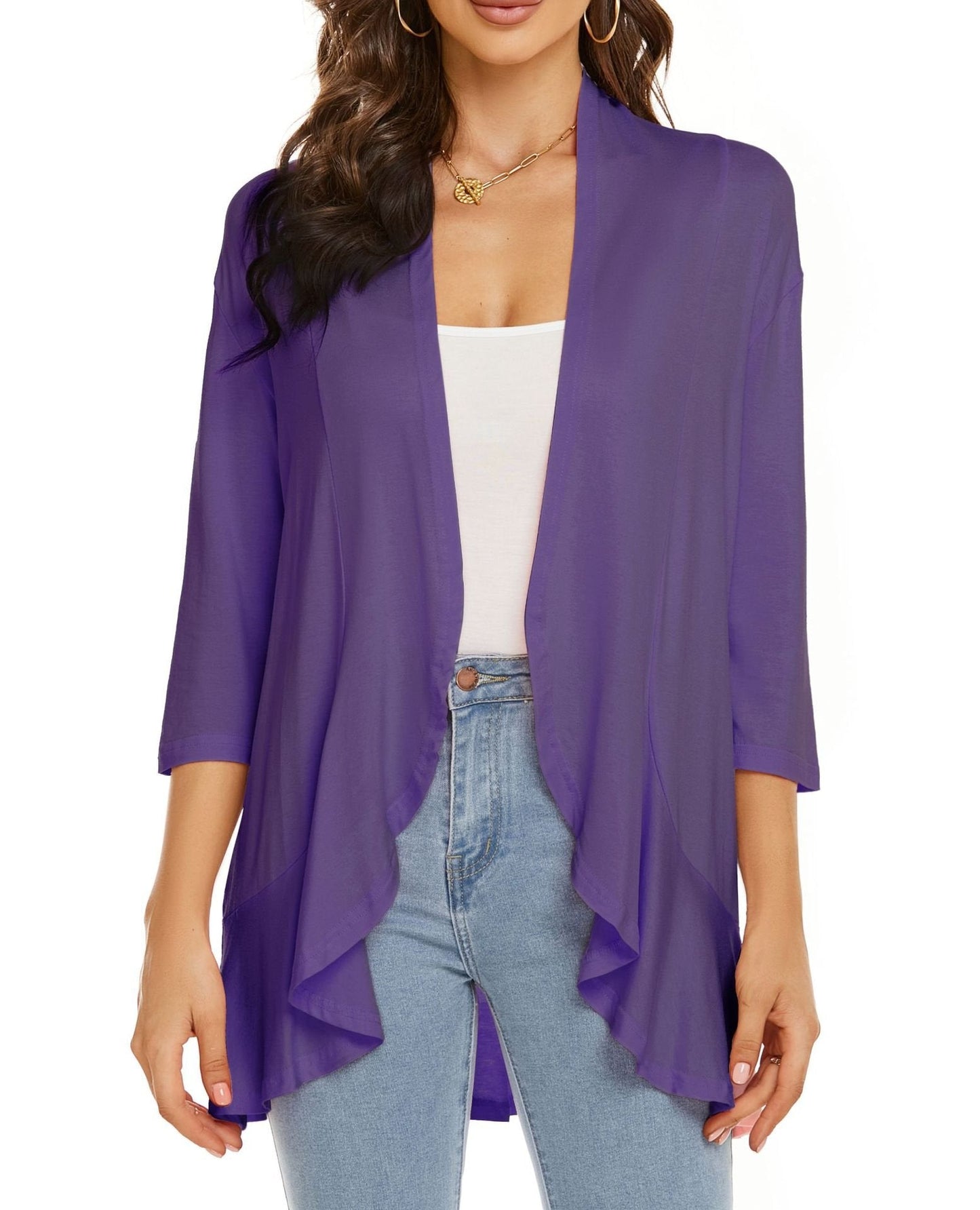 💥50% OFF💥Women Open Front 3/4 Sleeves Lightweight Draped Ruffles Cardigan