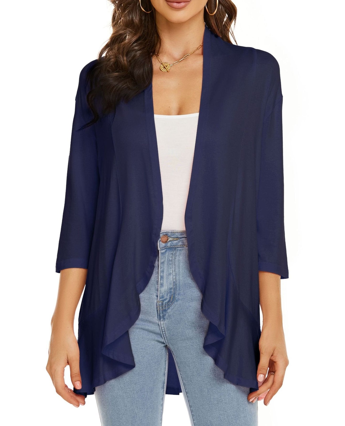 💥50% OFF💥Women Open Front 3/4 Sleeves Lightweight Draped Ruffles Cardigan