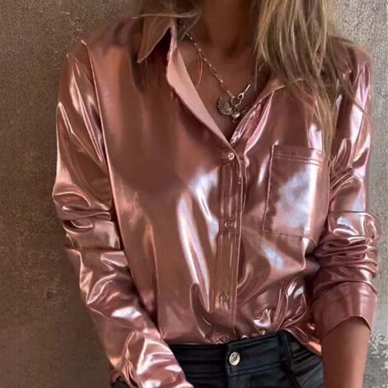 💖Limited Sale 50% OFF💖Women's Shimmer Metallic Leather Button-Up Shirt