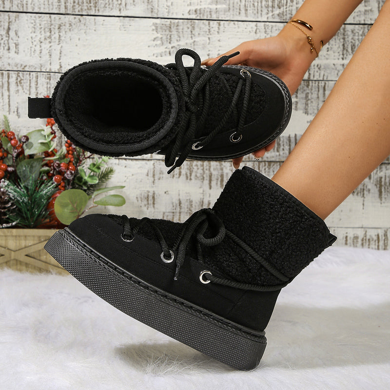 Women's Thick-soled Faux Fur Lining Lace Up Snow Boots