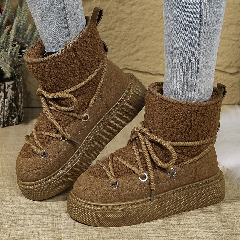 Women's Thick-soled Faux Fur Lining Lace Up Snow Boots