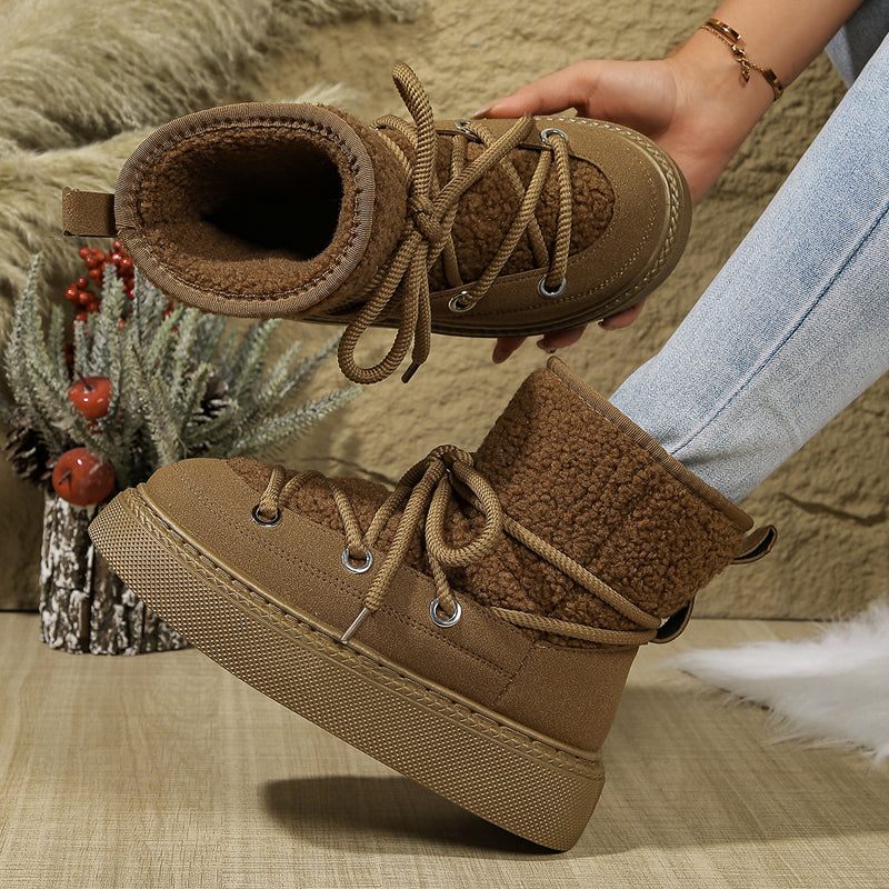 Women's Thick-soled Faux Fur Lining Lace Up Snow Boots