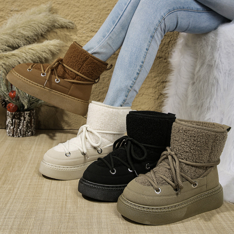 Women's Thick-soled Faux Fur Lining Lace Up Snow Boots