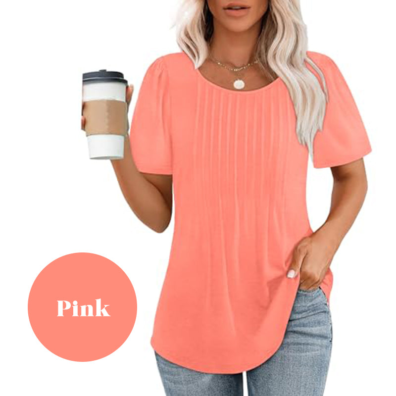 🍀Last Day Sale 50% OFF👚Women's Short Sleeve Pleated Dressy Casual Scooped Neck Tops