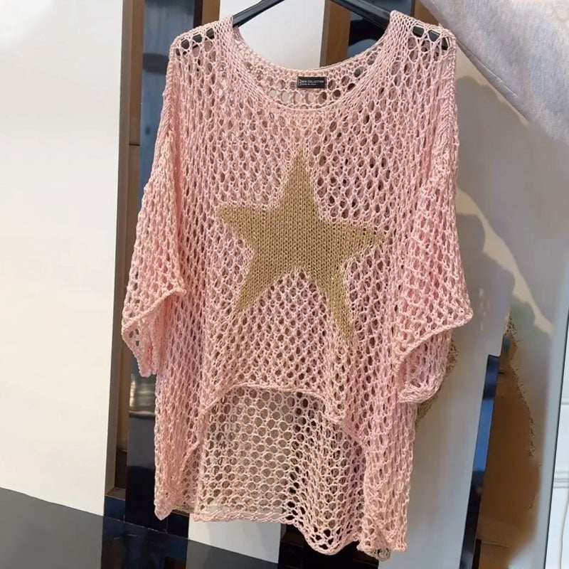 ☀️Spring Hot Sale✨Women's Fashion Round Neck Crochet Knit Fishnet Top