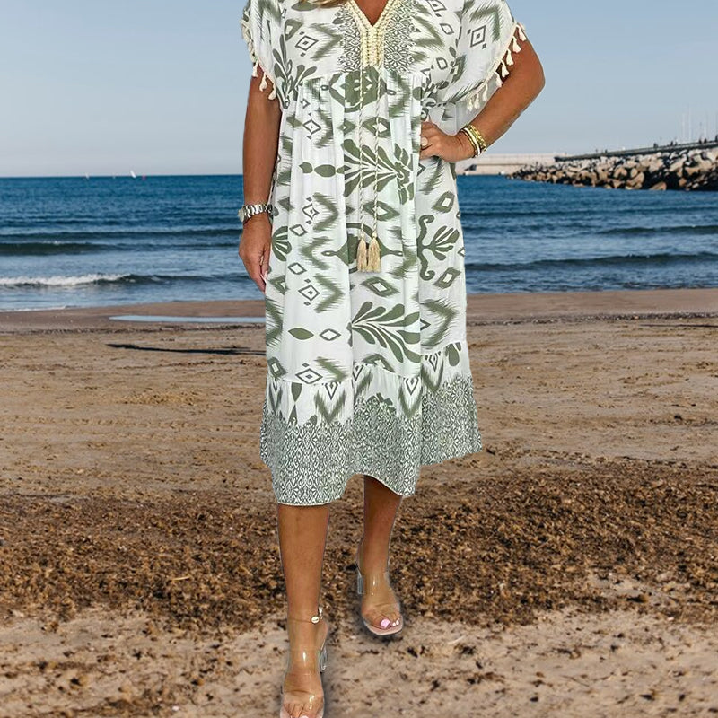 🔥Big price reduction!💃✨Printed Casual Dress With V-Neckline and Fringes on the Short Sleeves
