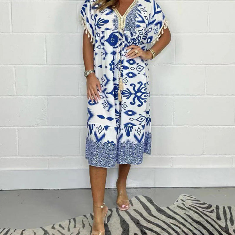 🔥Big price reduction!💃✨Printed Casual Dress With V-Neckline and Fringes on the Short Sleeves