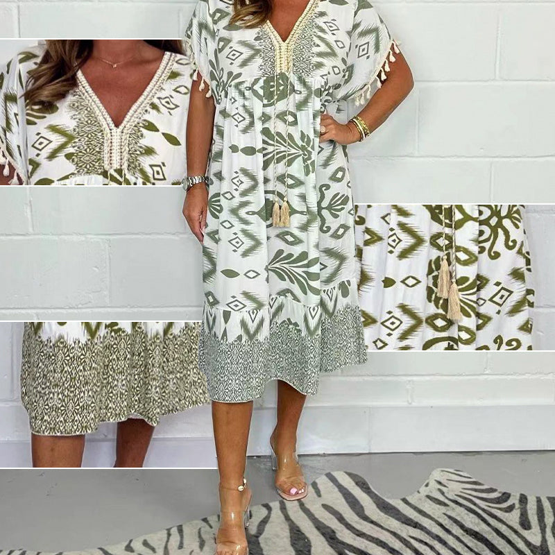 🔥Big price reduction!💃✨Printed Casual Dress With V-Neckline and Fringes on the Short Sleeves