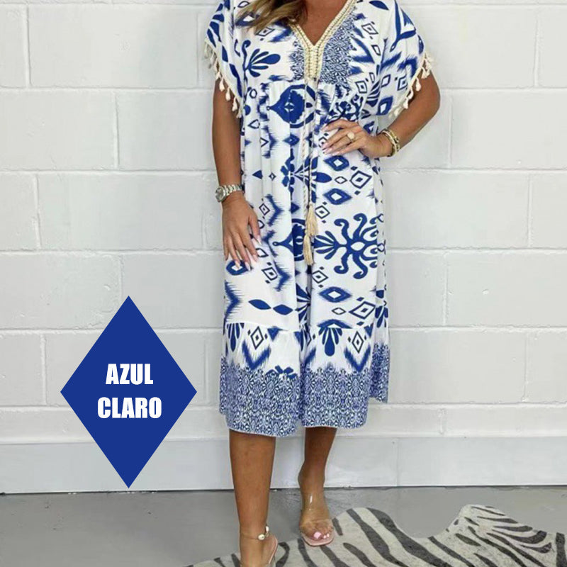 🔥Big price reduction!💃✨Printed Casual Dress With V-Neckline and Fringes on the Short Sleeves