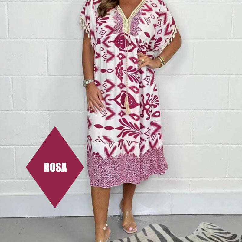 🔥Big price reduction!💃✨Printed Casual Dress With V-Neckline and Fringes on the Short Sleeves