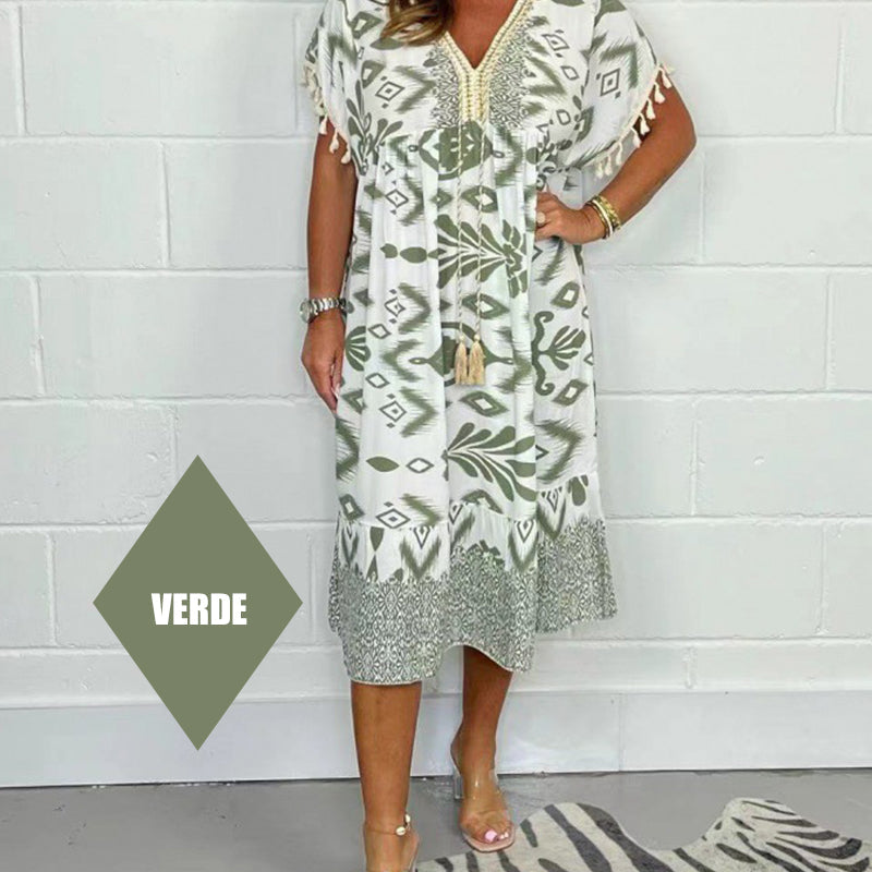 🔥Big price reduction!💃✨Printed Casual Dress With V-Neckline and Fringes on the Short Sleeves