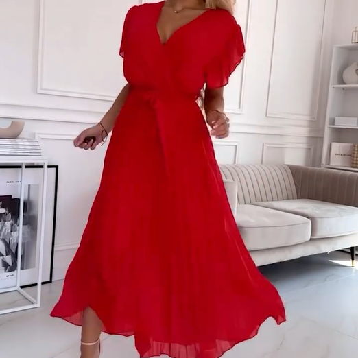 🔥50% OFF💗Women's Solid V-Neck Pleated Flowy Dress