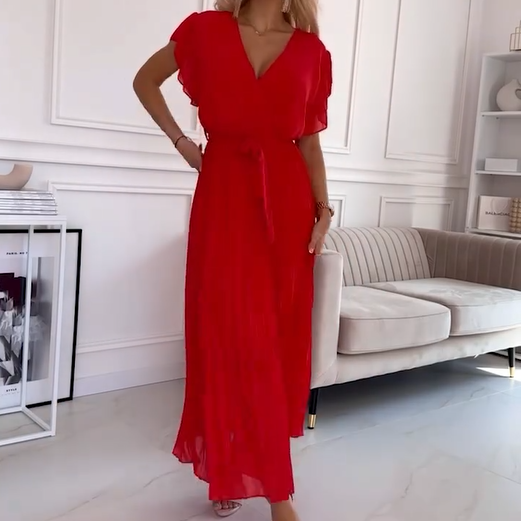 🔥50% OFF💗Women's Solid V-Neck Pleated Flowy Dress