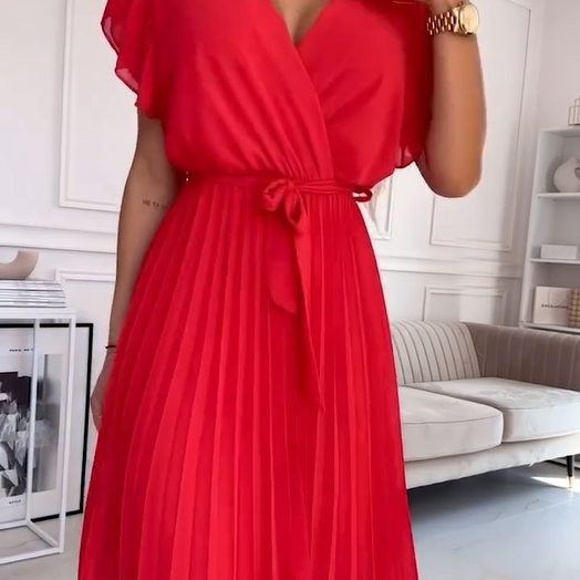 🔥50% OFF💗Women's Solid V-Neck Pleated Flowy Dress