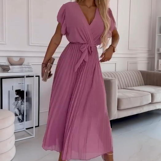 🔥50% OFF💗Women's Solid V-Neck Pleated Flowy Dress