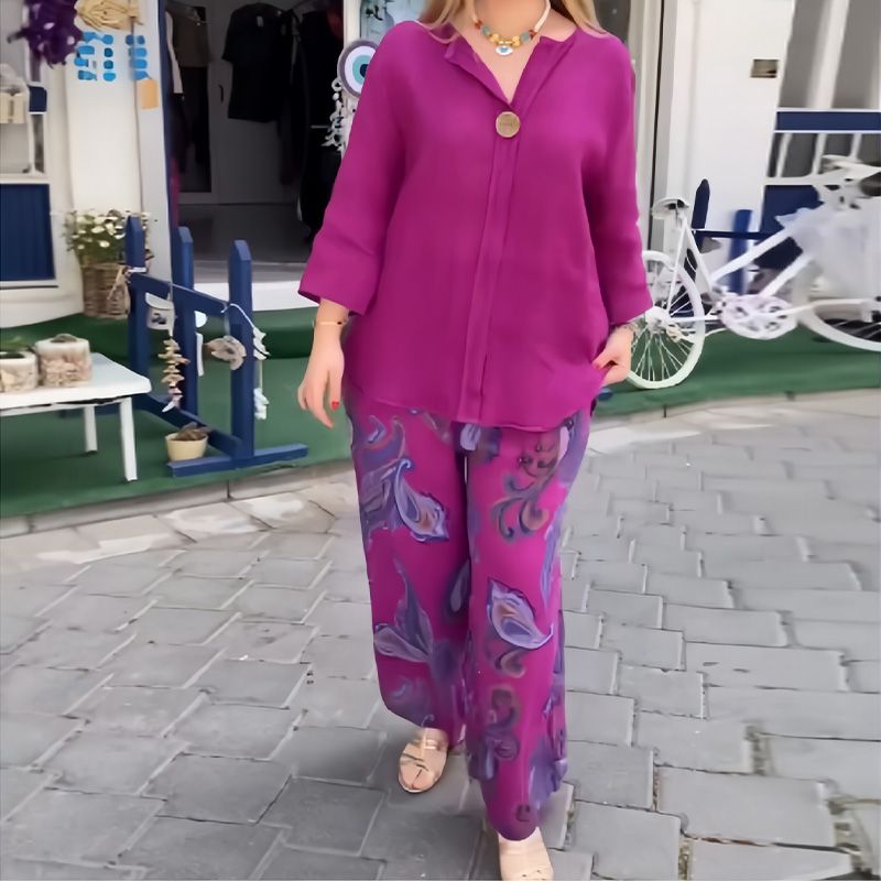 💙Spring Specials🌸Women’s Casual Printed Long-sleeve Blouse and Wide-leg Pants 2-piece Set