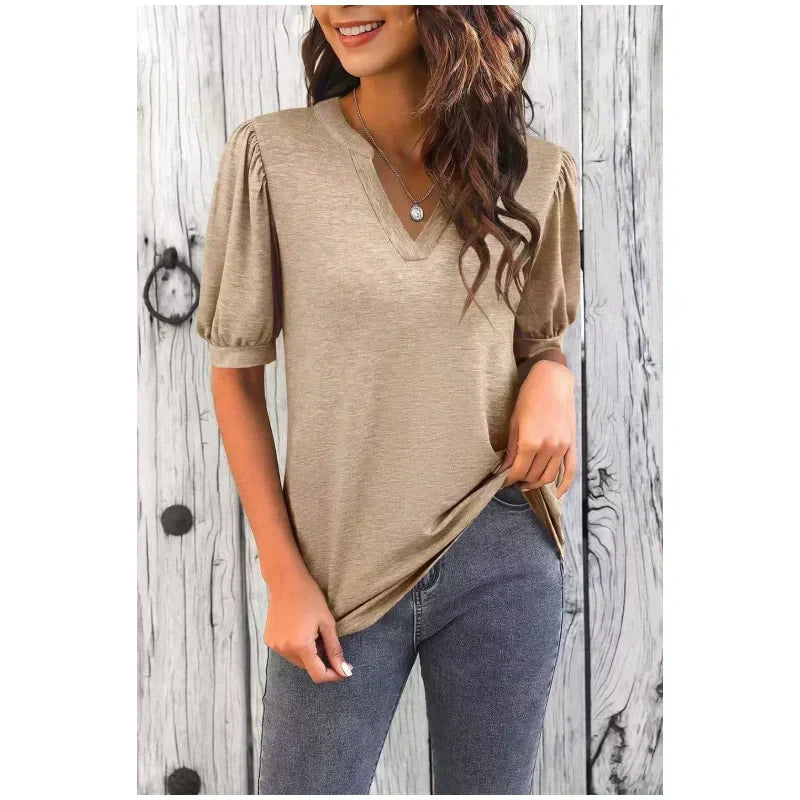 🔥Super special price-50% OFF👚Women's V-Neck Casual Puff Short Sleeve Top Elegant T-Shirt