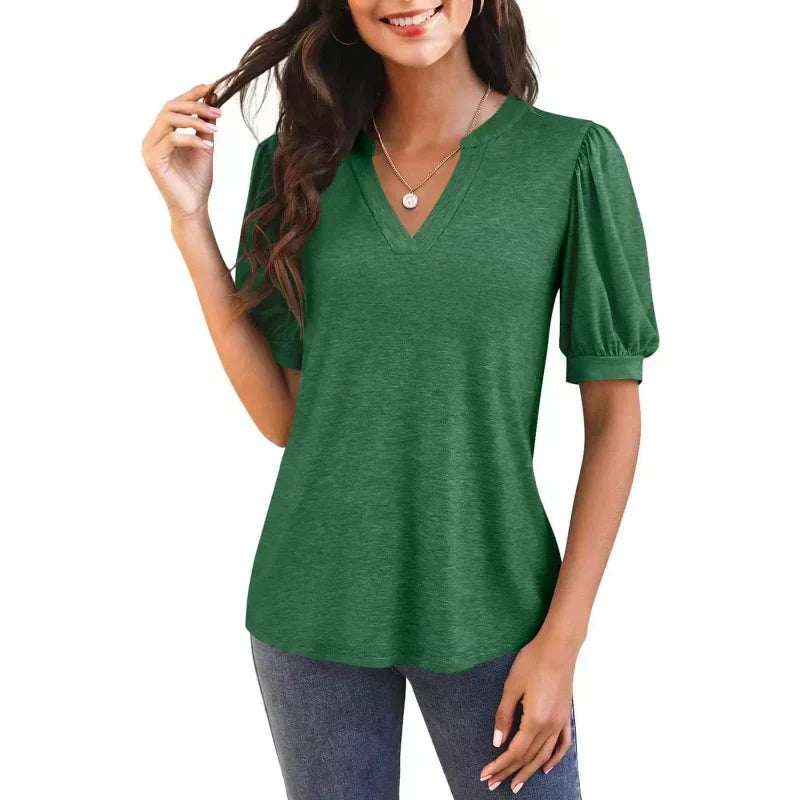 🔥Super special price-50% OFF👚Women's V-Neck Casual Puff Short Sleeve Top Elegant T-Shirt