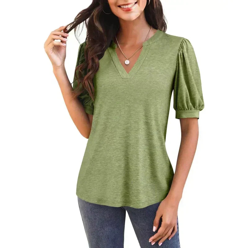 🔥Super special price-50% OFF👚Women's V-Neck Casual Puff Short Sleeve Top Elegant T-Shirt