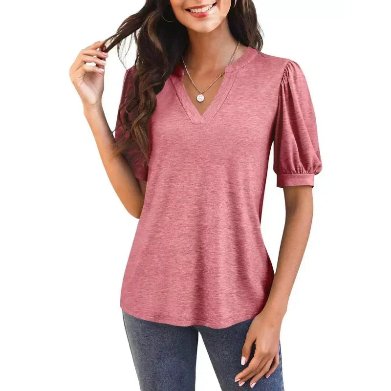 🔥Super special price-50% OFF👚Women's V-Neck Casual Puff Short Sleeve Top Elegant T-Shirt