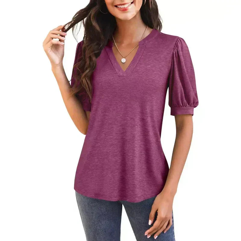 🔥Super special price-50% OFF👚Women's V-Neck Casual Puff Short Sleeve Top Elegant T-Shirt