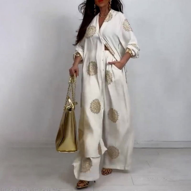 ✨Early Summer New✨Women's Loose V-Neck Top & Printed Wide Leg Pants Two Piece Set
