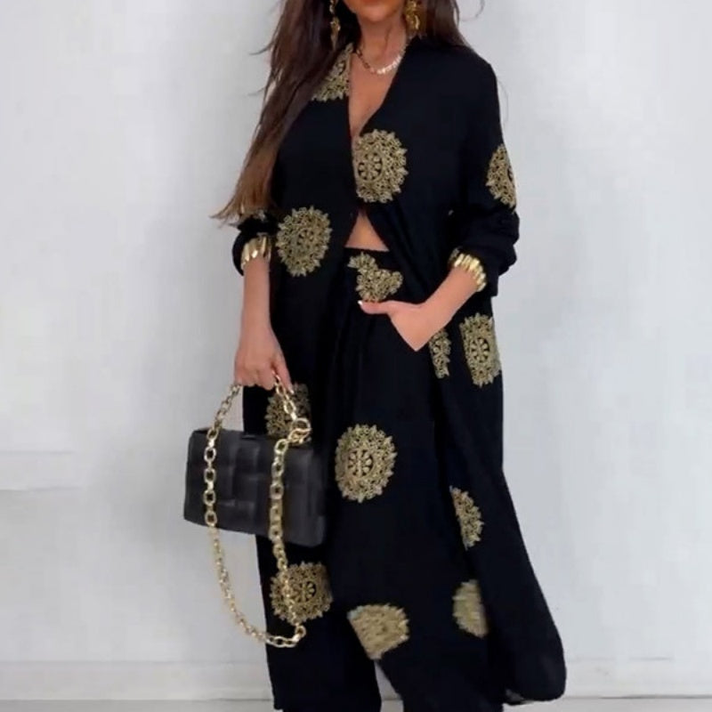✨Early Summer New✨Women's Loose V-Neck Top & Printed Wide Leg Pants Two Piece Set