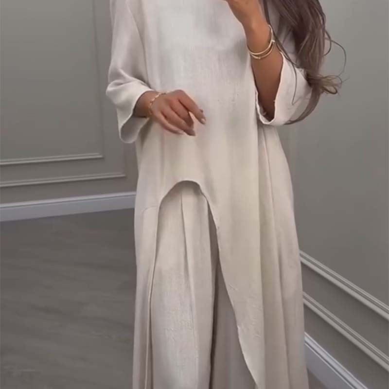💃Limited Sale 50% OFF💕Solid Color Irregular Top & Wide-Leg Pants 2-PCS Set