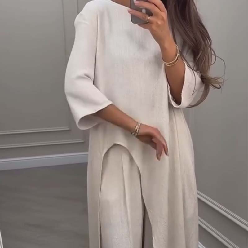 💃Limited Sale 50% OFF💕Solid Color Irregular Top & Wide-Leg Pants 2-PCS Set