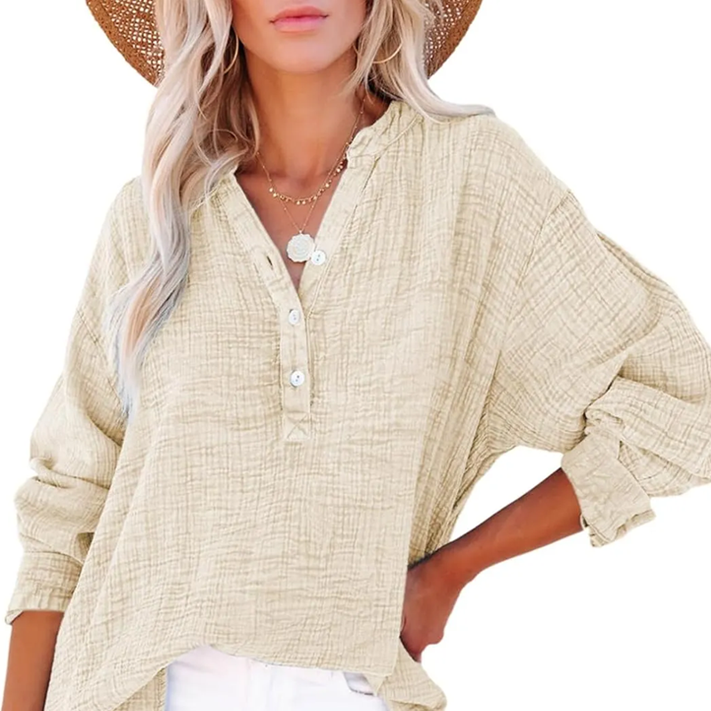 💖Limited Sale 50% OFF💖Women’s Casual Gauze Button Neck Long Sleeve Blouse