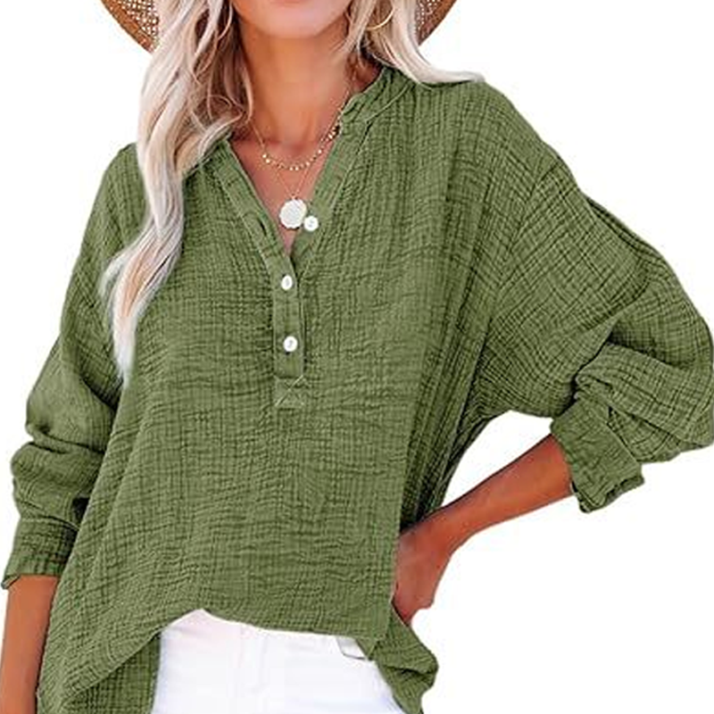 💖Limited Sale 50% OFF💖Women’s Casual Gauze Button Neck Long Sleeve Blouse
