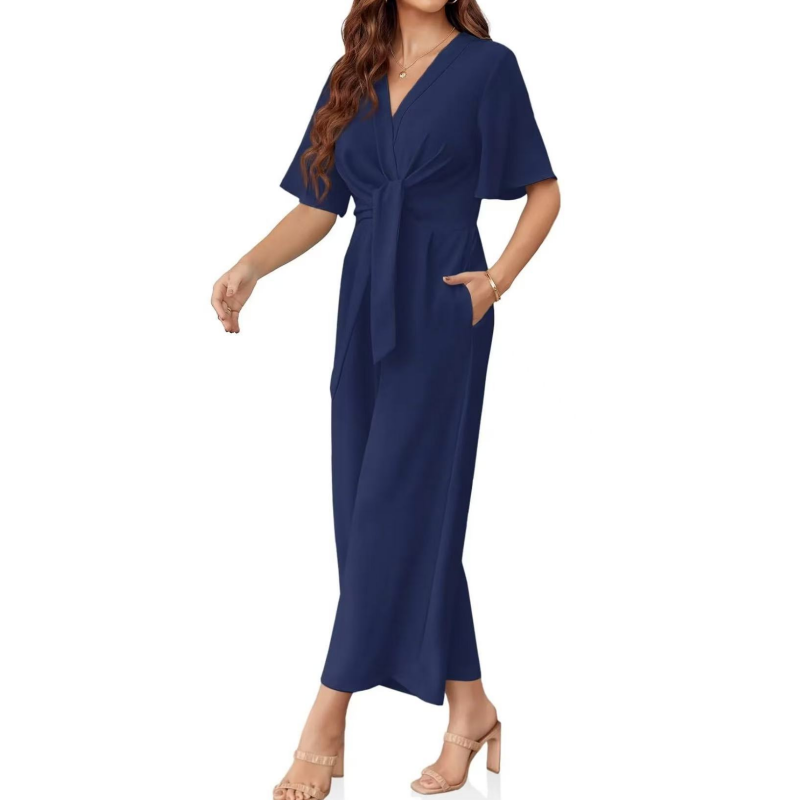 💖LAST DAY SALE 57% OFF💖Women's Elegant V-Neck Wide Leg Waist Tie Jumpsuit