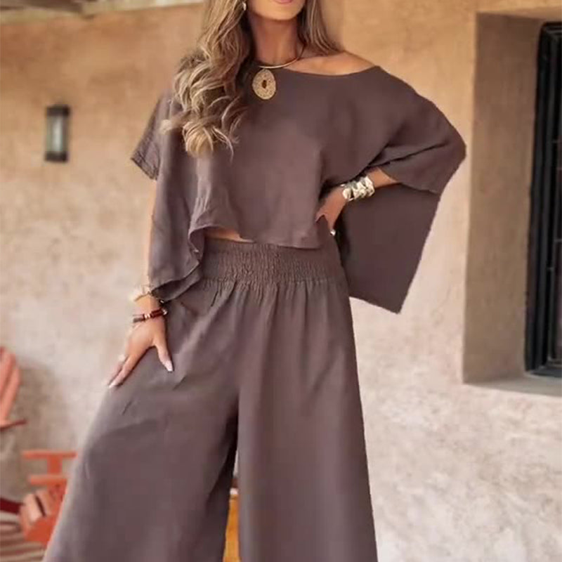 ⏳Time-limited Special💕Women's Causal Off Shoulder Top & Wide-Leg Pants Two-Piece Set