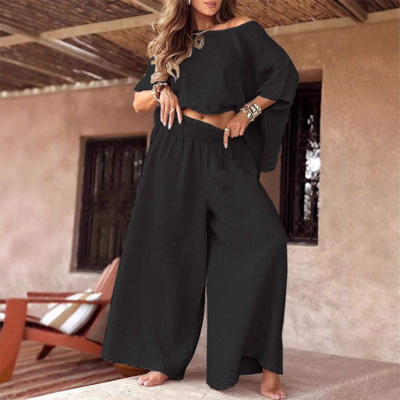 ⏳Time-limited Special💕Women's Causal Off Shoulder Top & Wide-Leg Pants Two-Piece Set