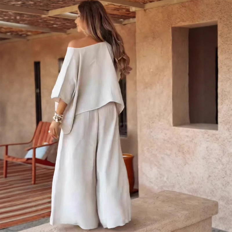 ⏳Time-limited Special💕Women's Causal Off Shoulder Top & Wide-Leg Pants Two-Piece Set