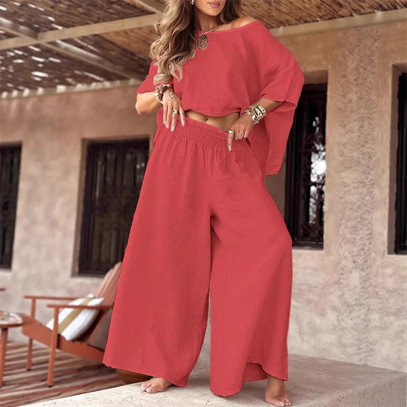 ⏳Time-limited Special💕Women's Causal Off Shoulder Top & Wide-Leg Pants Two-Piece Set