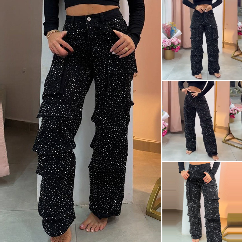 ⏳Time-limited Special⏰Women's Rhinestone Wide-Leg Pants with Pockets