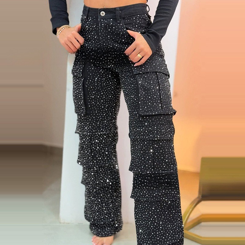 ⏳Time-limited Special⏰Women's Rhinestone Wide-Leg Pants with Pockets